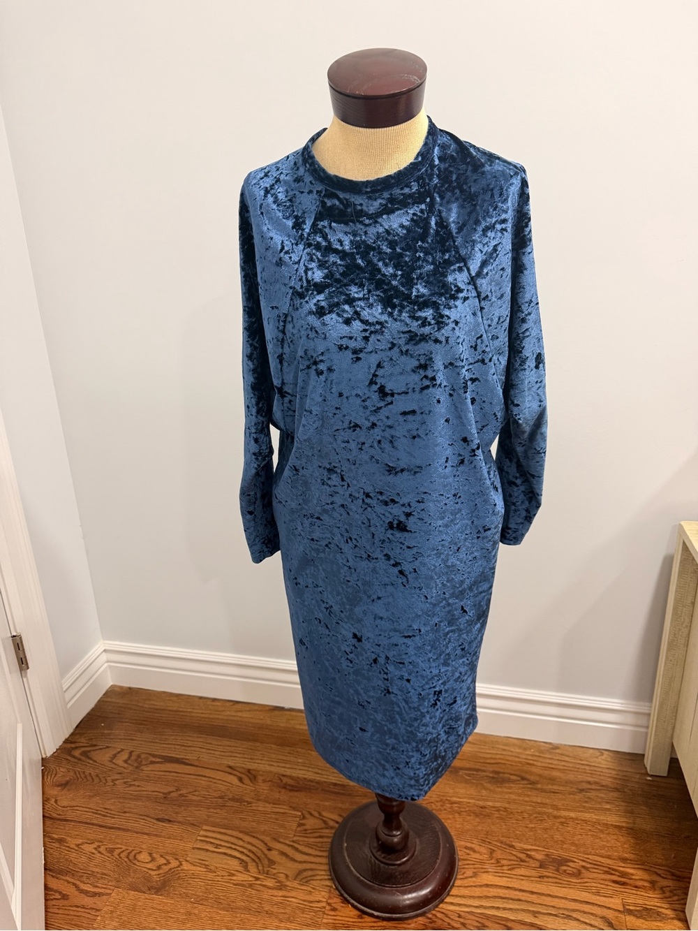 Blue Velvet Long Sleeve Shift Dress